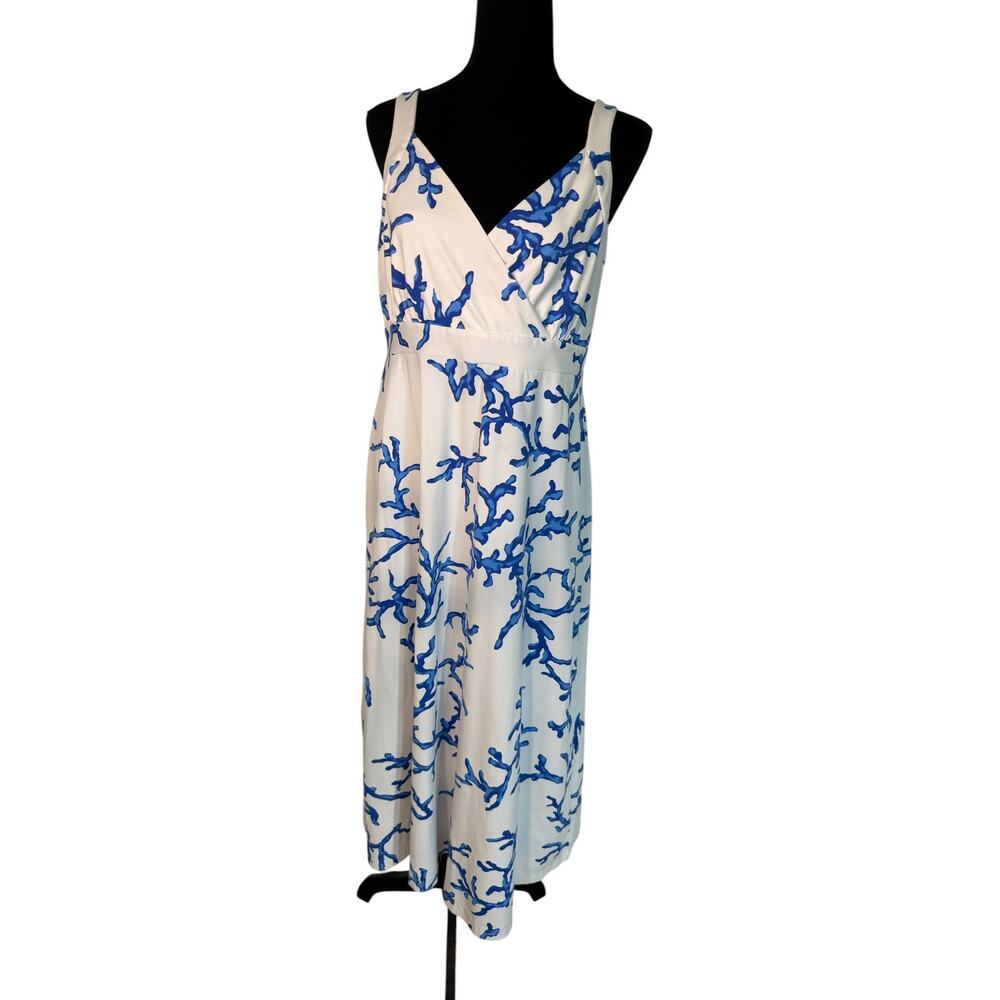 J.McLaughlin White Blue Coral Print Empire Waist Dress Coastal Resort Vacation L